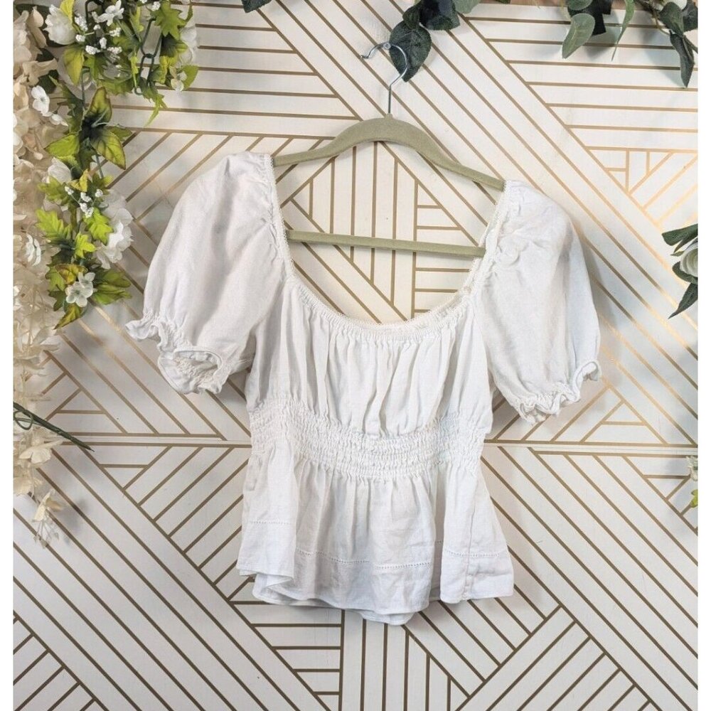 ARITIZIA SUNDAY BEST Women's Janis Linen Blouse White Smocked Sz Medium READ